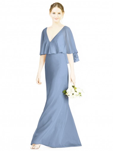 Trumpet V-Neck Soft Chiffon Long Dusty Blue Bridesmaid Dress Sydney