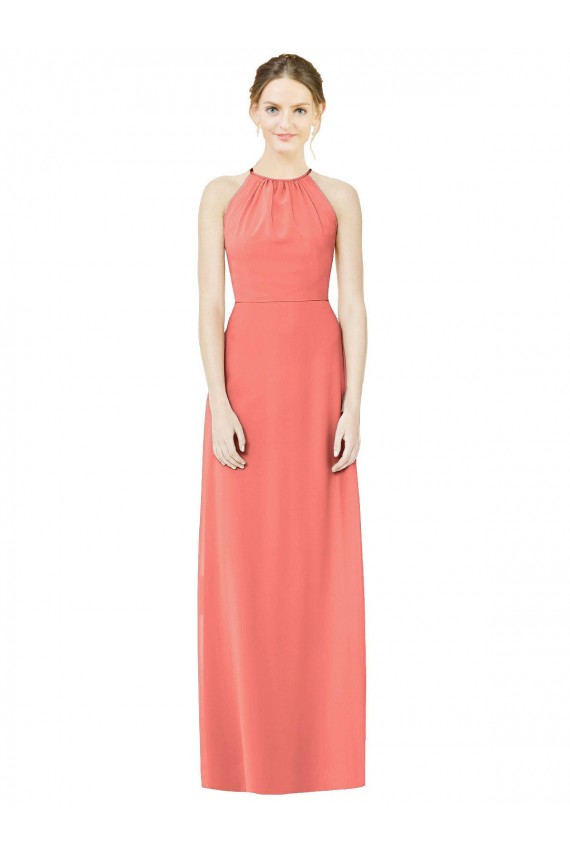 A-Line Halter Neck Soft Chiffon Long Coral Bridesmaid Dress Sydney