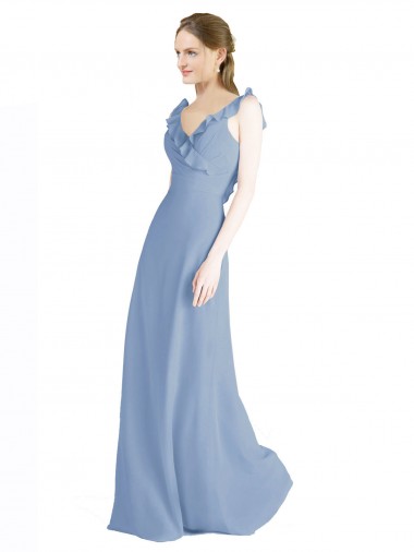 A-Line V-Neck Chiffon Long Floor Length Dusty Blue Bridesmaid Dress Sydney