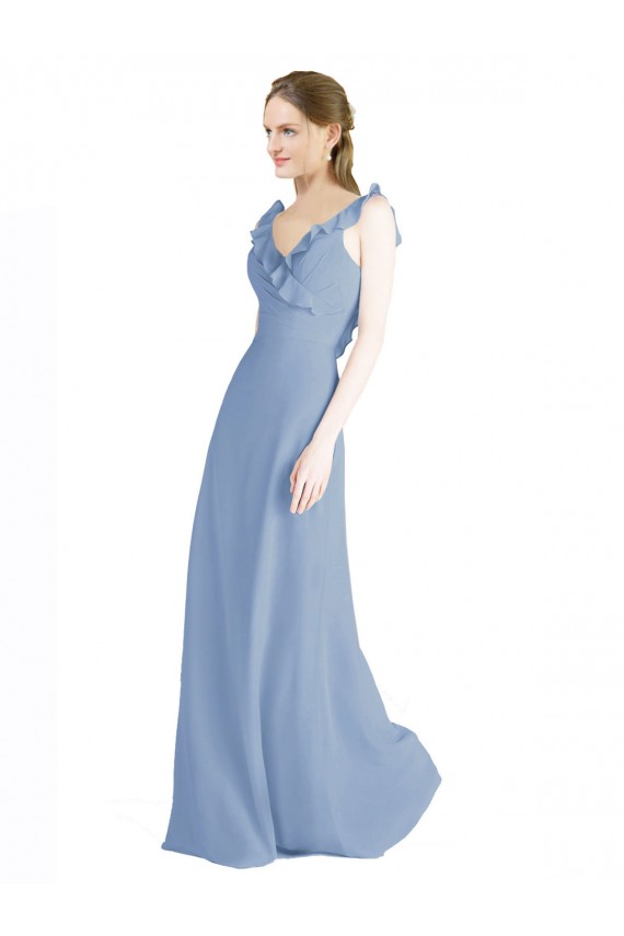 A-Line V-Neck Chiffon Long Floor Length Dusty Blue Bridesmaid Dress Sydney