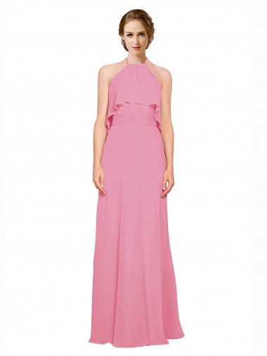 A-Line High Neck Soft Chiffon Long Skin Pink Bridesmaid Dress Sydney