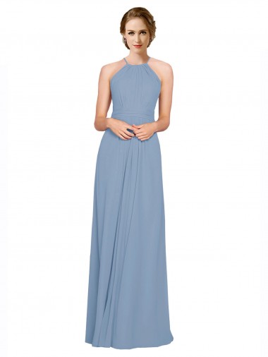 A-Line High Neck Chiffon Long Dusty Blue Bridesmaid Dress / Evening Dress Sydney