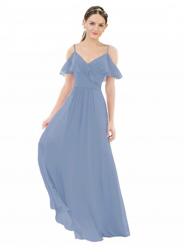 A-Line V-Neck Lxue Chiffon Long Dusty Blue Bridesmaid Dress Sydney