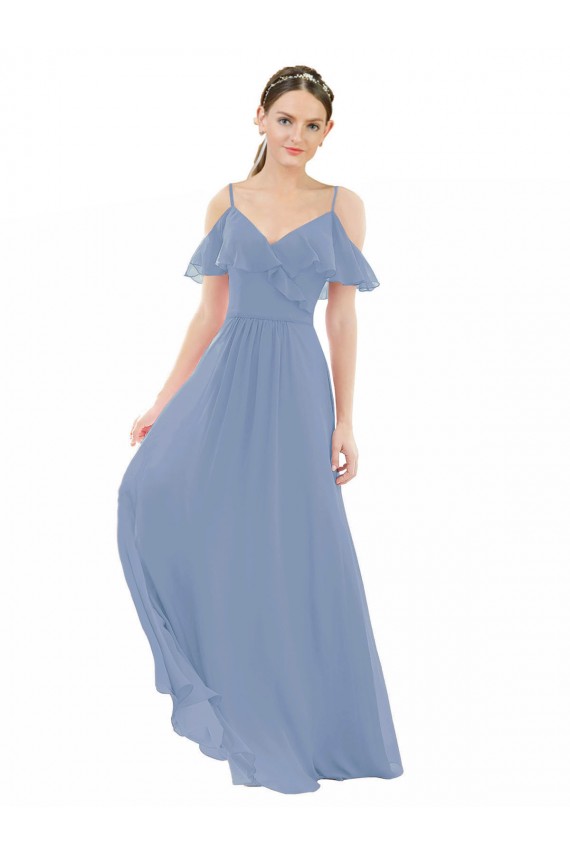 A-Line V-Neck Lxue Chiffon Long Dusty Blue Bridesmaid Dress Sydney
