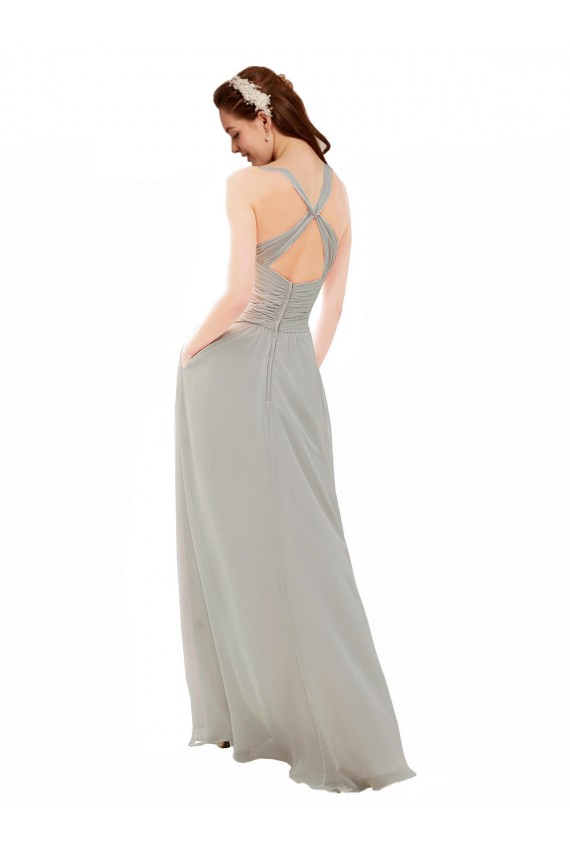 A-Line V-Neck Soft Chiffon Long Silver Bridesmaid Dress Sydney