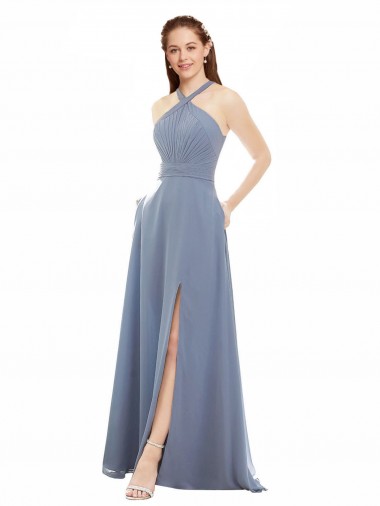 A-Line High Neck Soft Chiffon Long Dusty Blue Evening Dress / Bridesmaid Dress Sydney