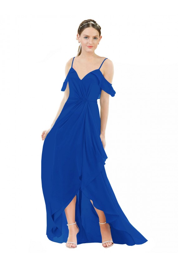 A-Line V-Neck Soft Chiffon Long Royal Blue High Low Bridesmaid Dress Sydney