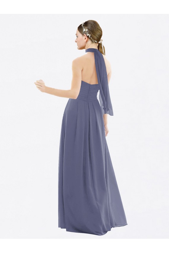 A-Line Halter Neck Soft Chiffon Long Silver Stone Bridesmaid Dress Sydney