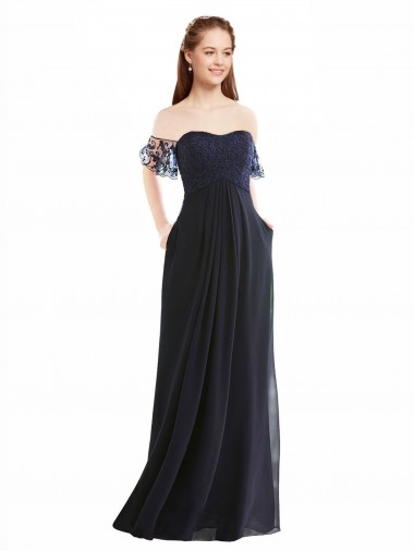 A-Line V-Neck Soft Chiffon & Lace Long Dark Navy Formal Dress / Bridesmaid Dress Sydney