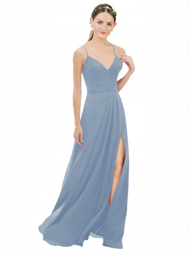 A-Line V-Neck Soft Chiffon & Lace Long Dusty Blue Bridesmaid Dress Sydney