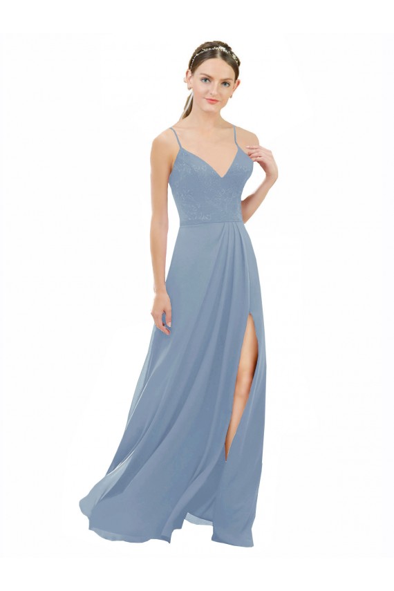A-Line V-Neck Soft Chiffon & Lace Long Dusty Blue Bridesmaid Dress Sydney