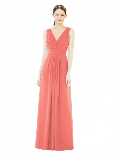 A-Line V-Neck Soft Chiffon Long Coral Bridesmaid Dress Sydney