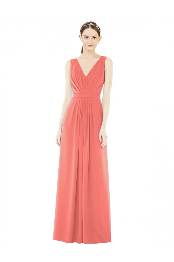A-Line V-Neck Soft Chiffon Long Coral Bridesmaid Dress Sydney