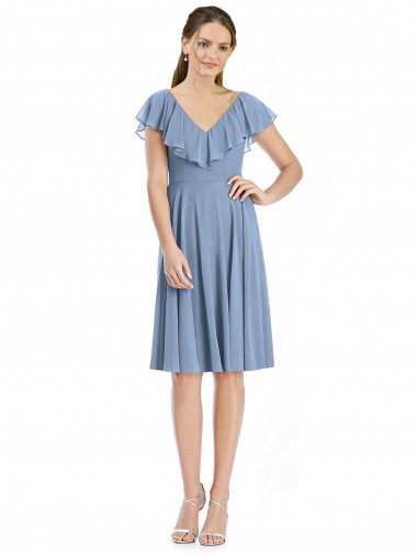 A-Line V-Neck Soft Chiffon Cocktail Length Dusty Blue Bridesmaid Dress Sydney