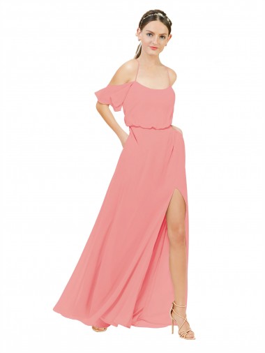 A-Line Off the Shoulder Soft Chiffon Long Watermelon Bridesmaid Dress Sydney