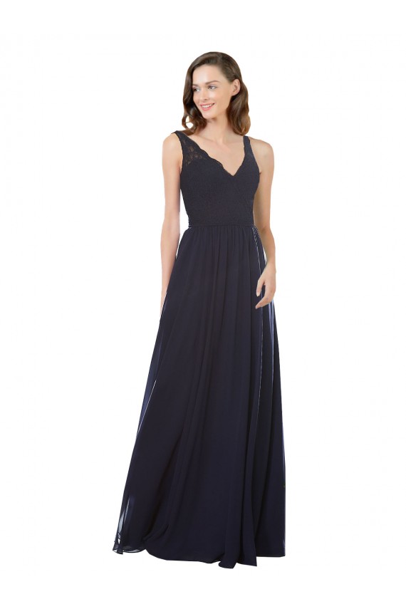A-Line V-Neck Soft Chiffon & Lace Long Dark Navy Bridesmaid Dress Sydney