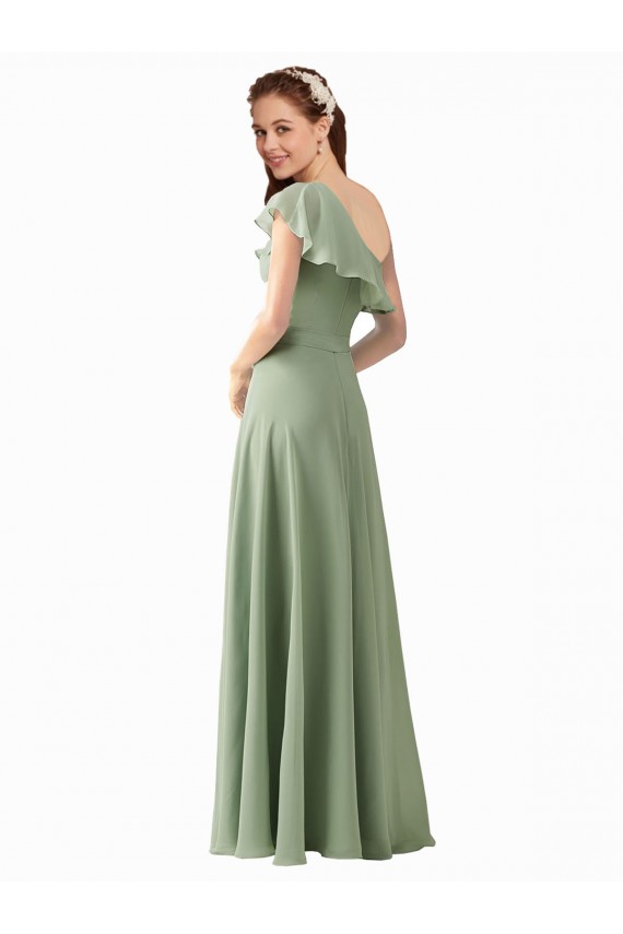 A-Line One Shoulder Soft Chiffon Long Smoke Green Bridesmaid Dress Sydney
