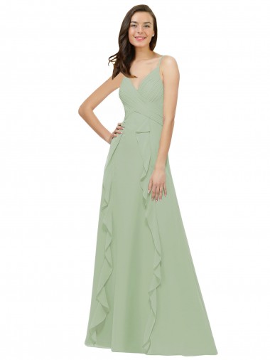 A-Line V-Neck Soft Chiffon Long Smoke Green Bridesmaid Dress Sydney