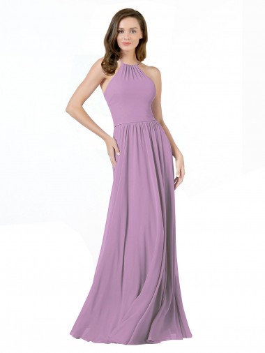 A-Line Halter Neck Soft Chiffon Long Dark Lavender Bridesmaid Dress Sydney
