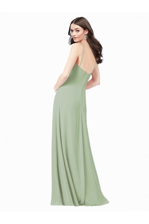 A-Line Spaghetti Straps Soft Chiffon Long Smoke Green Bridesmaid Dress Sydney