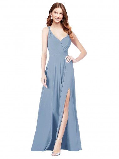 A-Line V-Neck Soft Chiffon Long Dusty Blue Formal Dress / Bridesmaid Dress Sydney