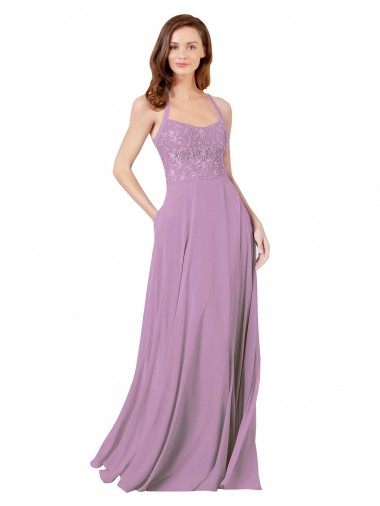 A-Line Spaghetti Straps Soft Chiffon & Lace Long Dark Lavender Bridesmaid Dress Sydney