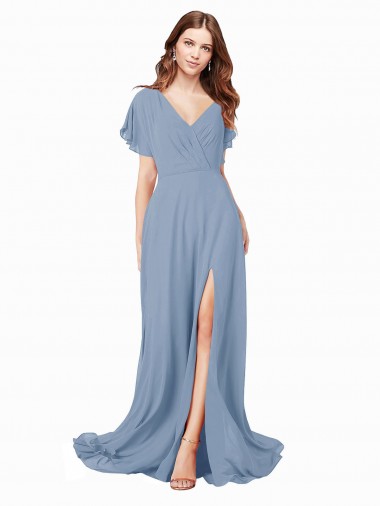 A-Line V-Neck Soft Chiffon Long Dusty Blue Black Tie Prom Dress / Bridesmaid Dress Sydney