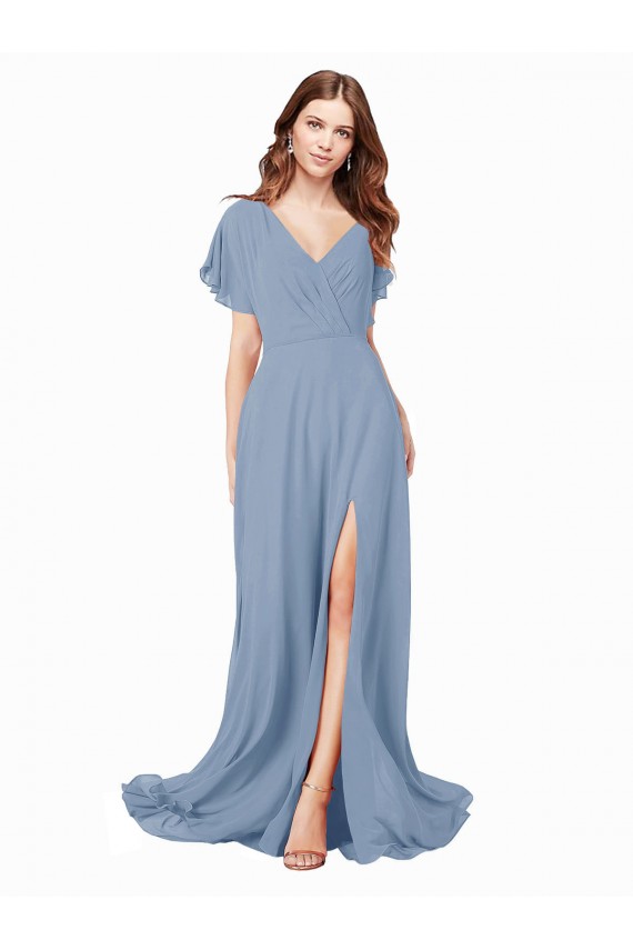A-Line V-Neck Soft Chiffon Long Dusty Blue Black Tie Prom Dress / Bridesmaid Dress Sydney