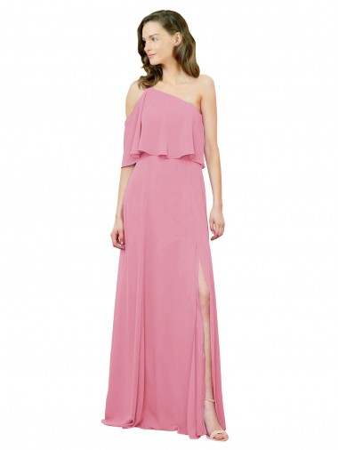 A-Line One Shoulder Soft Chiffon Long Skin Pink Bridesmaid Dress Sydney