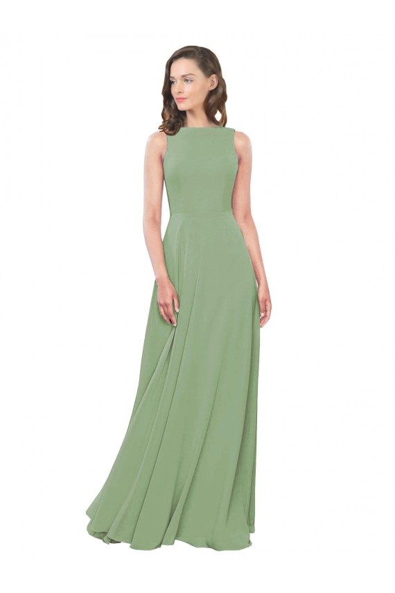 A-Line High Neck Soft Chiffon Long Seagrass Bridesmaid Dress Sydney