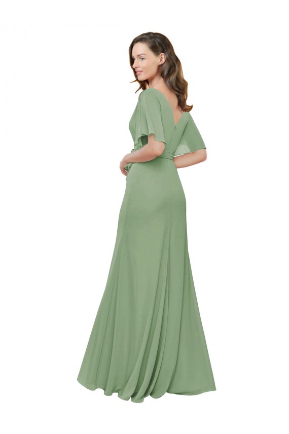 A-Line V-Neck Soft Chiffon Long Seagrass Bridesmaid Dress Sydney