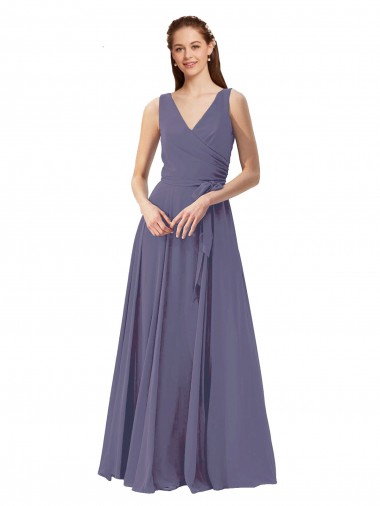 A-Line V-Neck Soft Chiffon Long Silver Stone Bridesmaid Dress Sydney