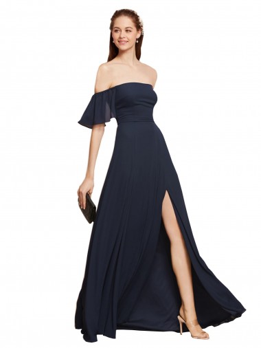 A-Line Off the Shoulder Soft Chiffon Long Dark Navy Prom Dress / Bridesmaid Dress Sydney