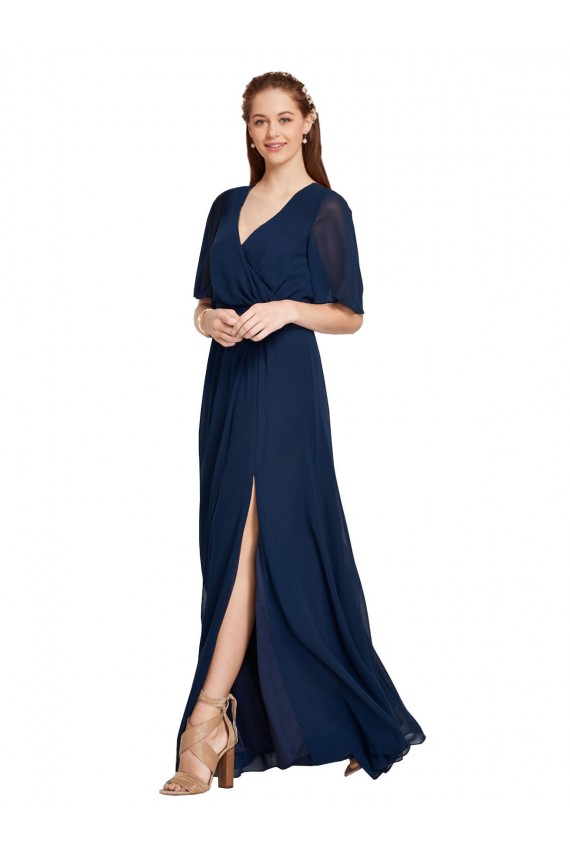 A-Line V-Neck Soft Chiffon Long Dark Navy Bridesmaid Dress / Formal Dress Sydney