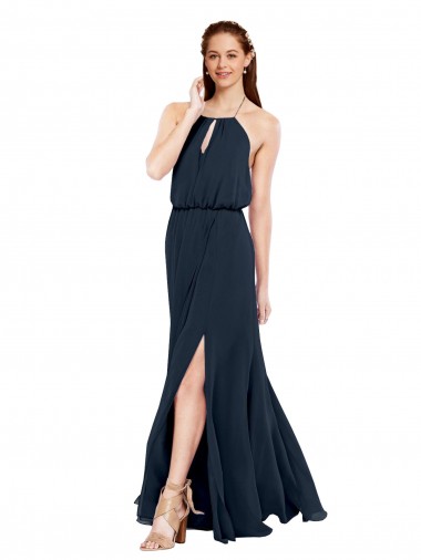 A-Line Halter Neck Chiffon Long Dark Navy Bridesmaid Dress / Evening Dress Sydney
