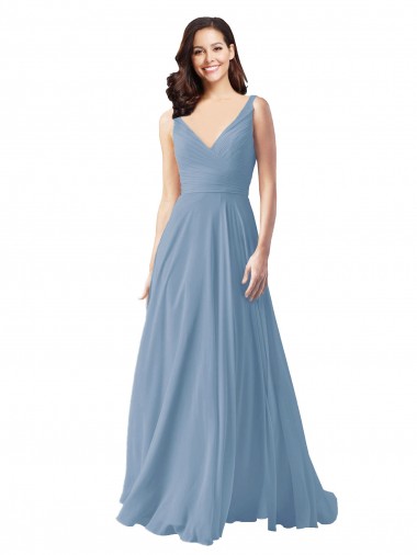 A-Line V-Neck Chiffon Long Dusty Blue Wedding Party Dress Sydney