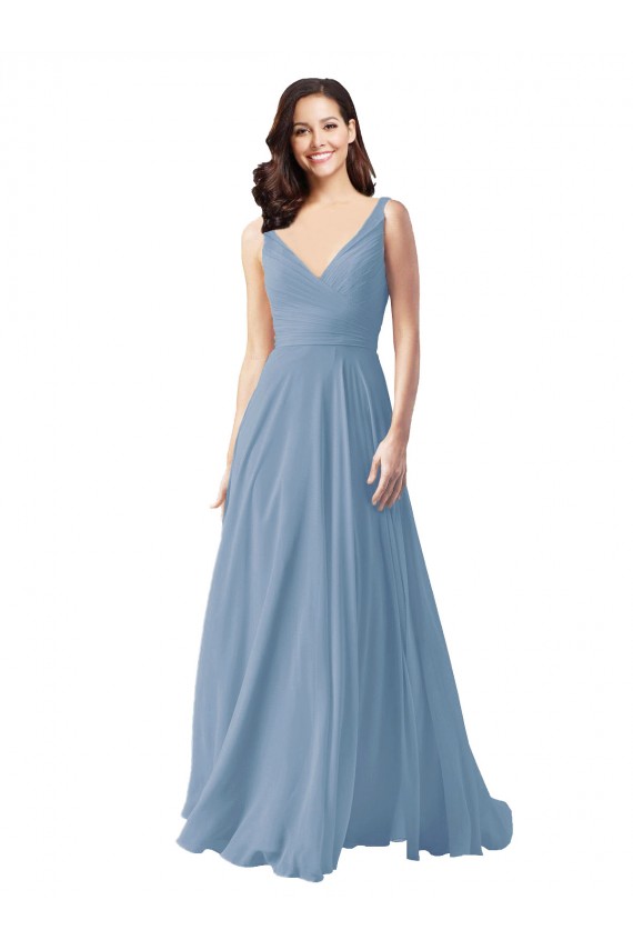 A-Line V-Neck Chiffon Long Dusty Blue Wedding Party Dress Sydney