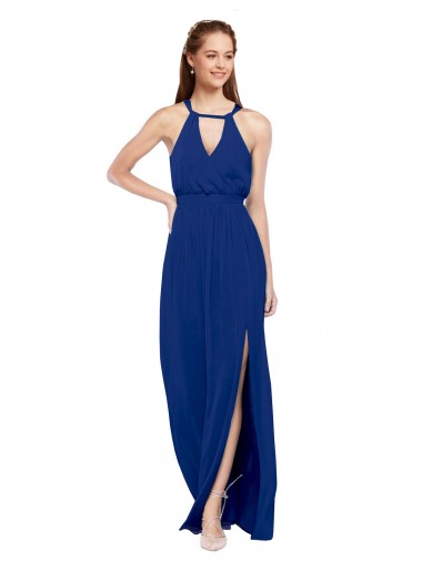 A-Line High Neck Soft Chiffon Long Royal Blue Bridesmaid Dress Sydney