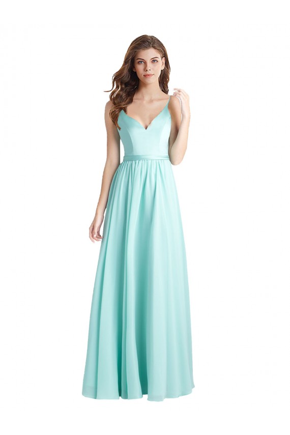 A-Line V-Neck Soft Chiffon & Satin Long Waterfall Bridesmaid Dress Sydney
