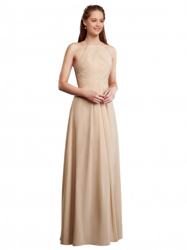 A-Line Halter Neck Soft Chiffon Long Champagne Bridesmaid Dress Sydney