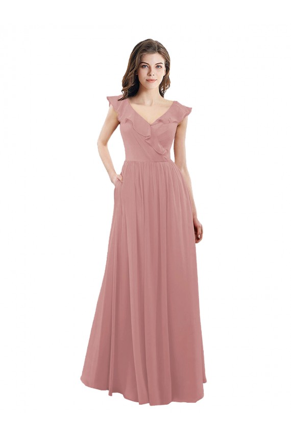 A-Line V-Neck Soft Chiffon Long Dusty Pink Bridesmaid Dress Sydney