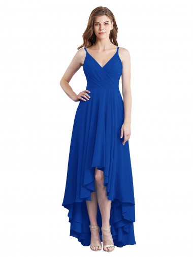 A-Line Spaghetti Straps Soft Chiffon Long Royal Blue High Low Bridesmaid Dress Sydney