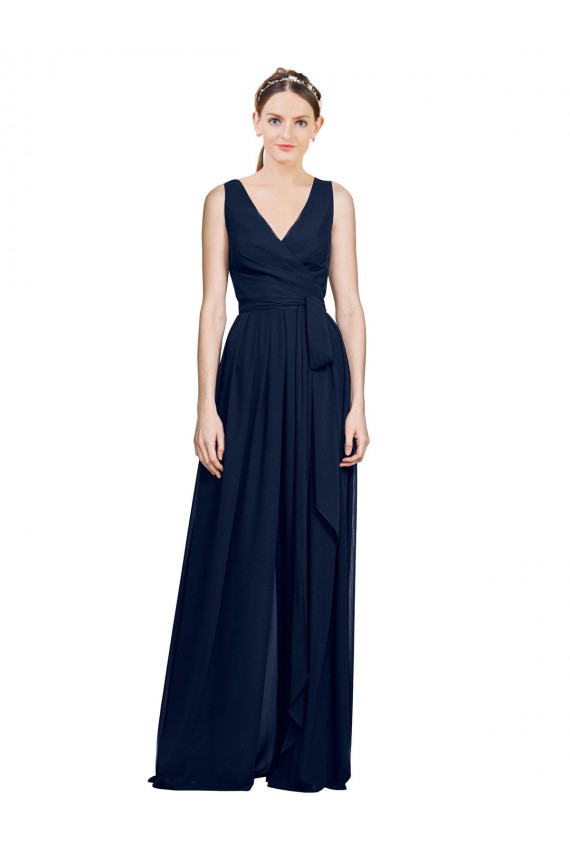A-Line V-Neck Chiffon Long Dark Navy Wedding Party Dress Sydney