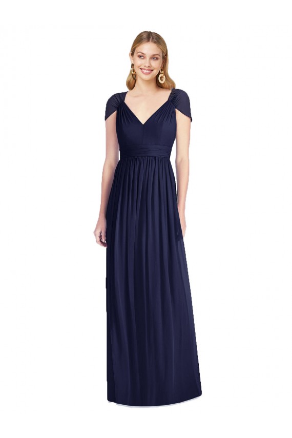 Trumpet V-Neck Soft Chiffon Long Dark Navy Bridesmaid Dress Sydney
