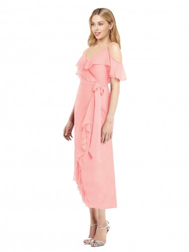 Trumpet V-Neck Soft Chiffon Cocktail Length Salmon High Low Bridesmaid Dress Sydney