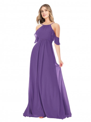 A-Line High Neck Soft Chiffon Long Plum Purple Bridesmaid Dress Sydney