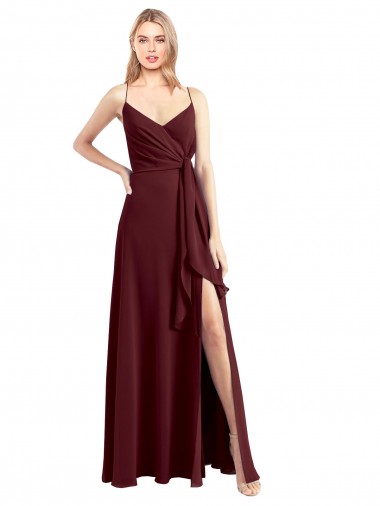A-Line V-Neck Chiffon Long Floor Length Burgundy Gold Bridesmaid Dress Sydney