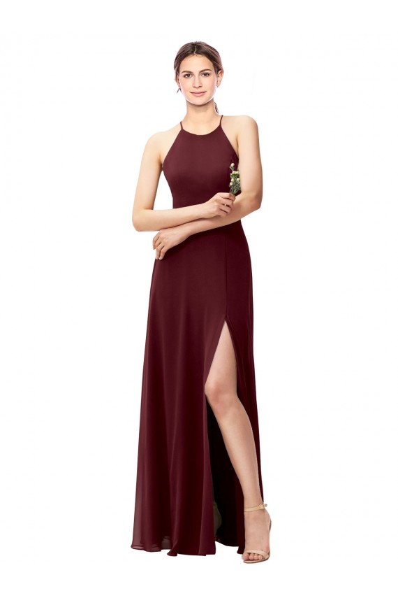 A-Line High Neck Soft Chiffon Long Burgundy Gold Bridesmaid Dress Sydney