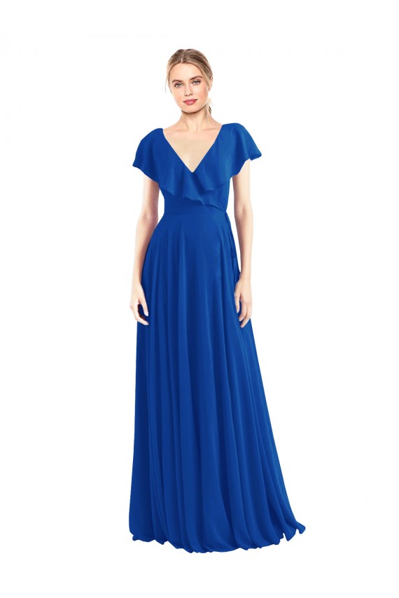 A-Line V-Neck Soft Chiffon Long Royal Blue Bridesmaid Dress Sydney