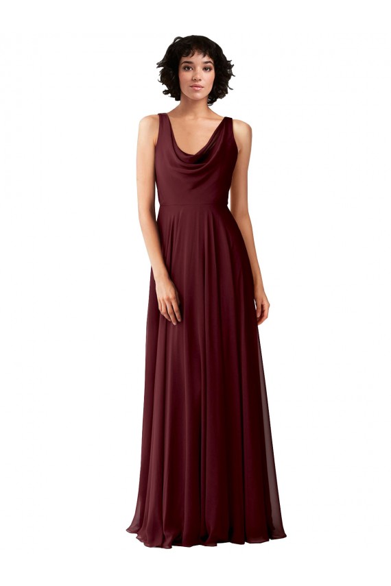 A-Line Cowl Neck Soft Chiffon Long Burgundy Gold Bridesmaid Dress Sydney